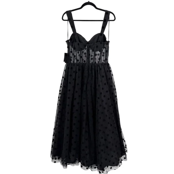 NWT Mac Duggal Black Polka Dot Net Bustier A-Line Midi Dress - Size 10